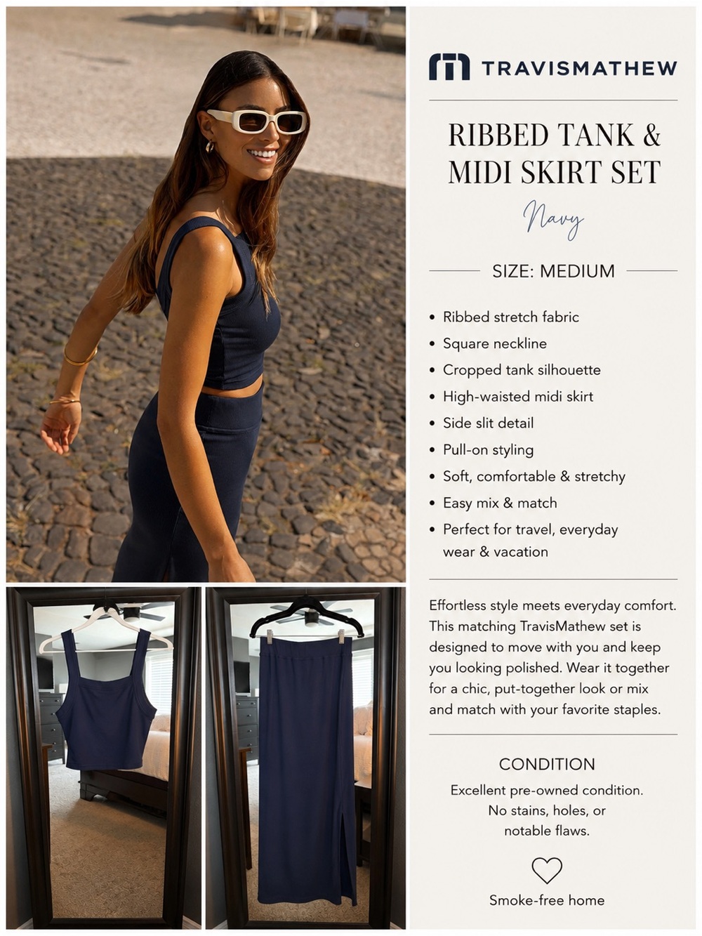TravisMathew Cloud Ribbed Pinot Tank & Midi Skirt Set Medium Navy